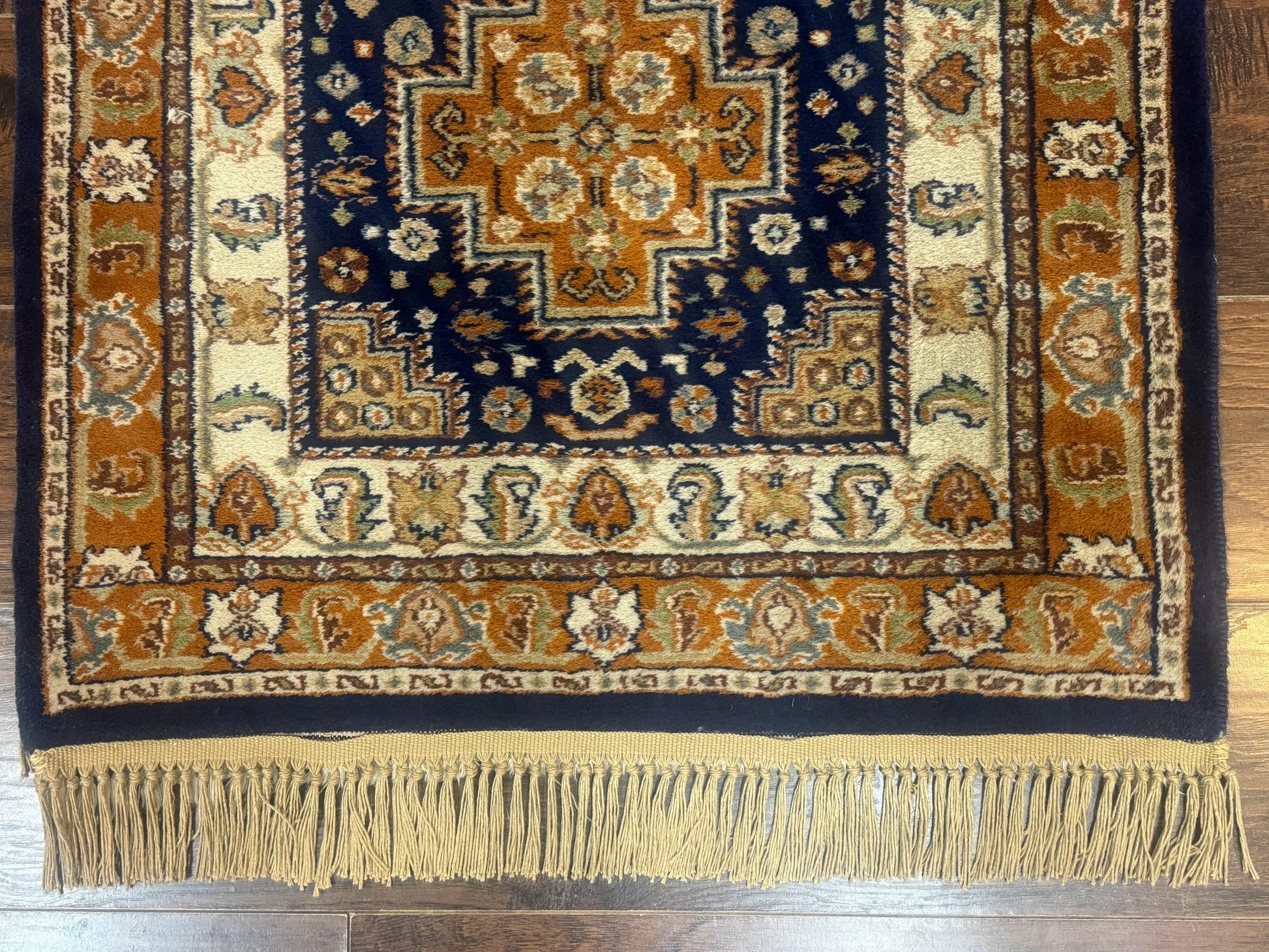 Indo Persian Runner Rug 2.6 x 12.7, Indian Kashmiri Runner for Hallway or Kitchen, Navy Blue, Geometric Medallions, Handmade Wool - Nuvé