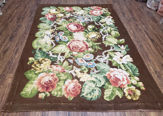 Floral Needlepoint Rug, Medium Rug, Vintage Area Rug, Handmade Flat Weave Rug, Dark Brown Rug, Multicolor Large Colorful Flowers, 5x8 - 6x8 - Nuvé