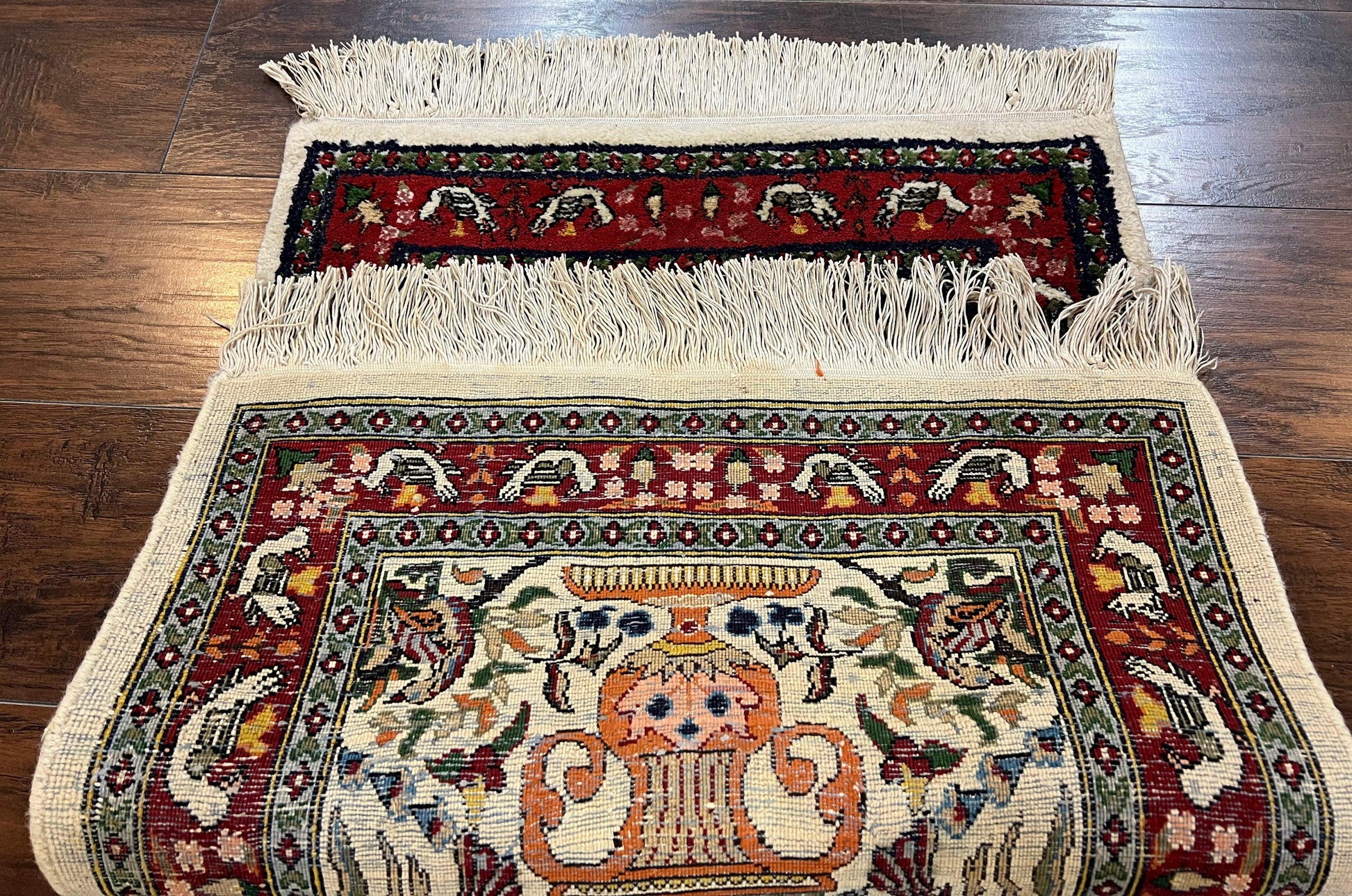 Small Indo Persian Rug 2x3 ft, Wool with Silk Highlights, Animal Pictorial Motifs Birds Vase Flowers, Cream and Maroon, Hand Knotted Fine - Nuvé