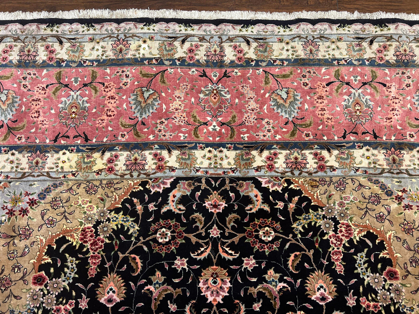 Magnificent Persian Tabriz Rug 11x16, Oversized Persian Carpet 11 x 16 ft, Wool on Silk Finely Hand Knotted, 450 KPSI, Floral Medallion, Black Pink - Nuvé