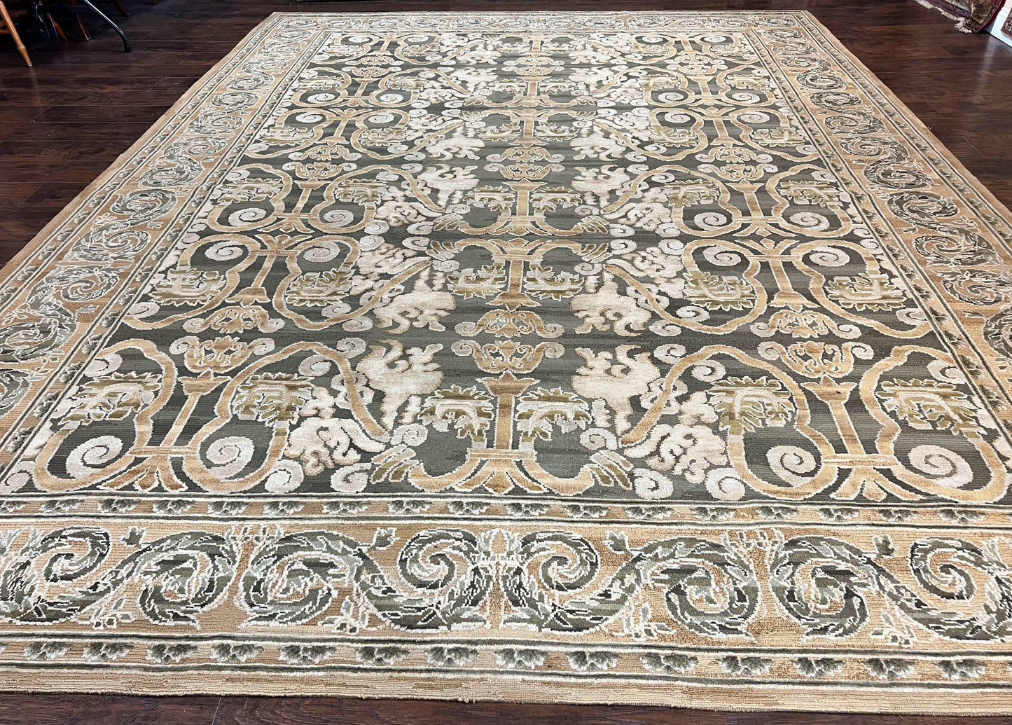 Spanish Rug 11x14, Wool Hand Knotted Vintage Carpet, Olive Green and Beige, Floral Allover, European Design, 11 x 14 Rug - Nuvé