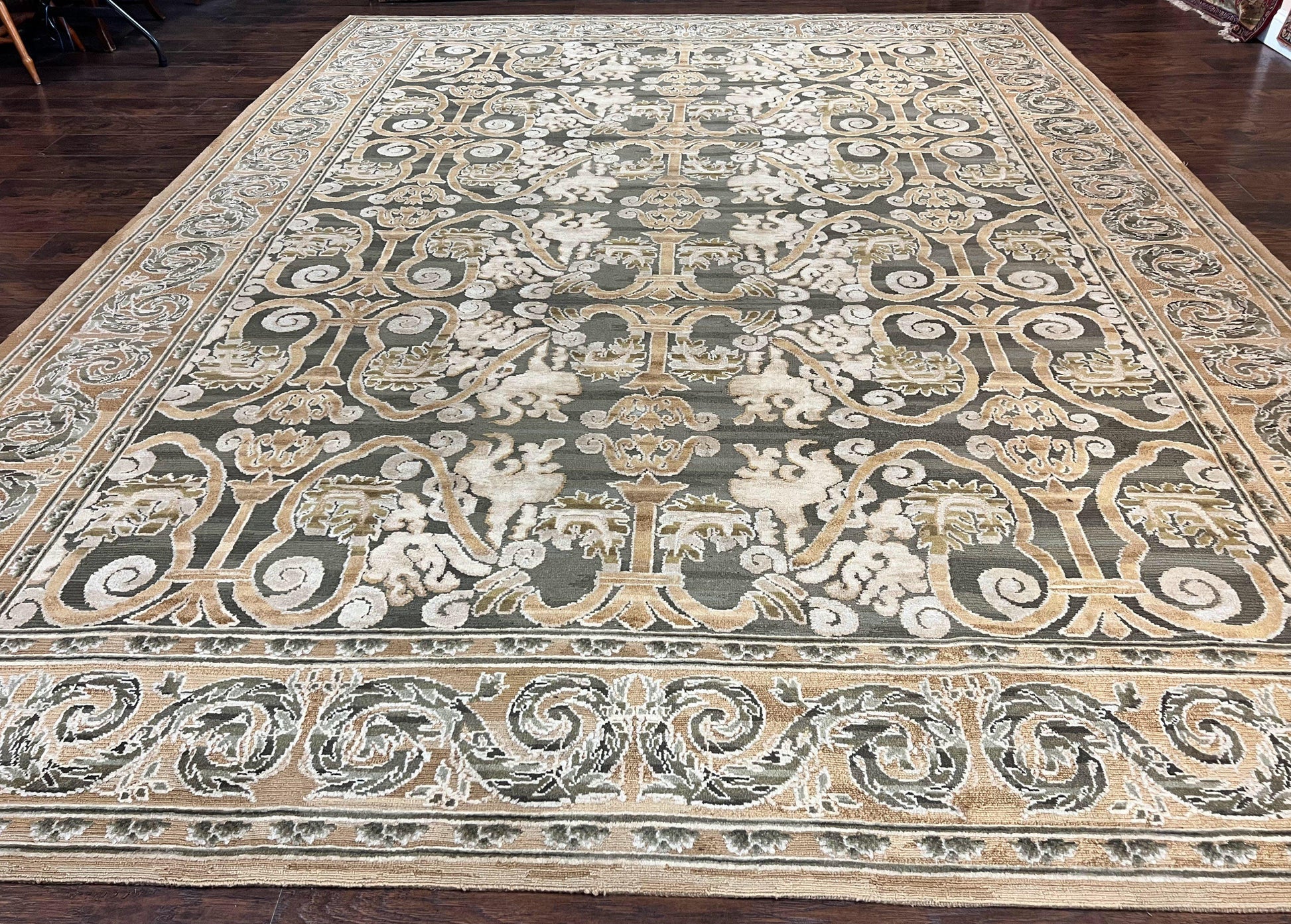 Spanish Rug 11x14, Wool Hand Knotted Vintage Carpet, Olive Green and Beige, Floral Allover, European Design, 11 x 14 Rug - Nuvé