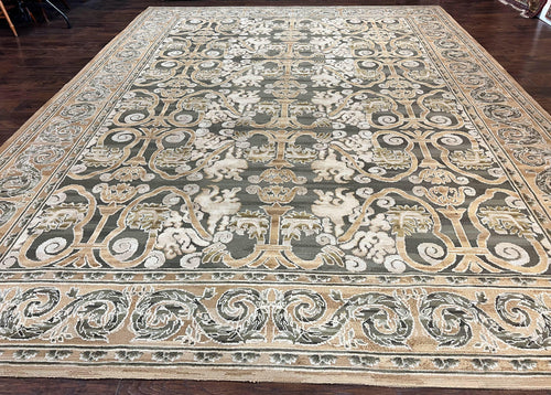 Spanish Rug 11x14, Wool Hand Knotted Vintage Carpet, Olive Green and Beige, Floral Allover, European Design, 11 x 14 Rug - Nuvé