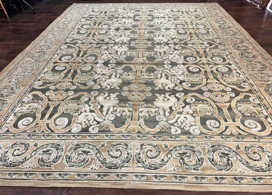 Spanish Rug 11x14, Wool Hand Knotted Vintage Carpet, Olive Green and Beige, Floral Allover, European Design, 11 x 14 Rug - Nuvé