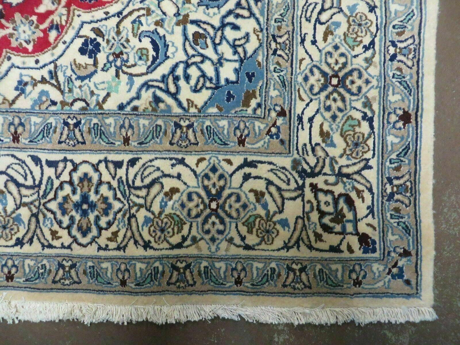 Square Persian Nain Rug 6.3 x 6.8, Hand-Knotted Wool with Silk Accents, Ivory Red Blue - Nuvé