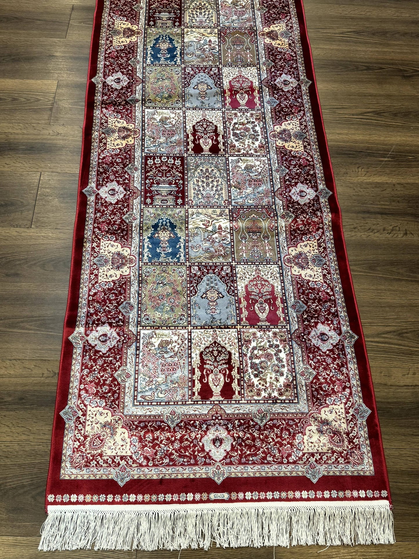 Turkish Silk Runner Rug 2.6 x 11.6, Panel Design, Dark Red Ivory, Bamboo Silk, New - Nuvé