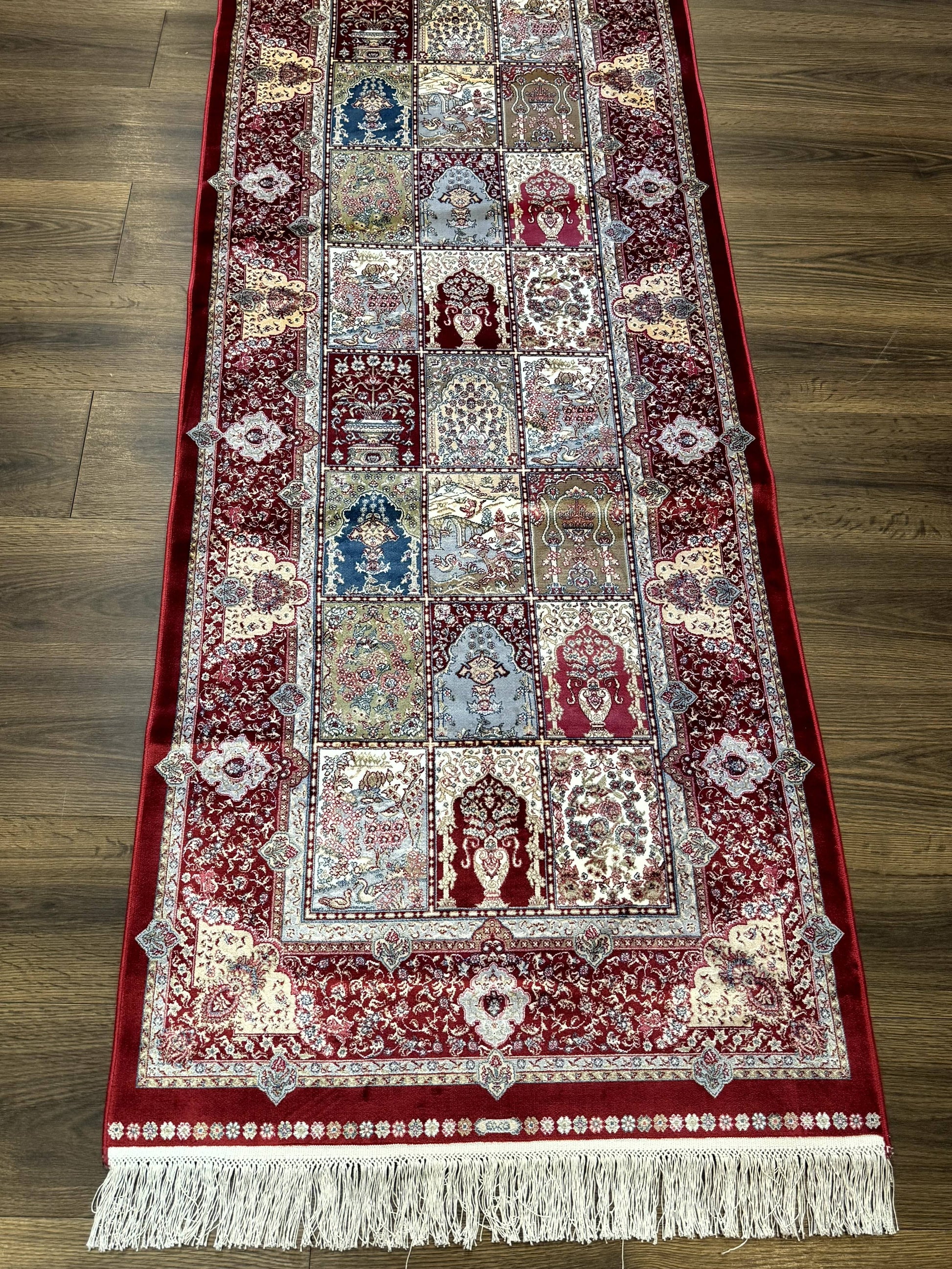 Turkish Silk Runner Rug 2.6 x 11.6, Panel Design, Dark Red Ivory, Bamboo Silk, New - Nuvé