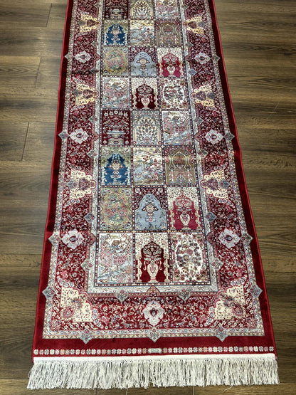 Turkish Silk Runner Rug 2.6 x 11.6, Panel Design, Dark Red Ivory, Bamboo Silk, New - Nuvé