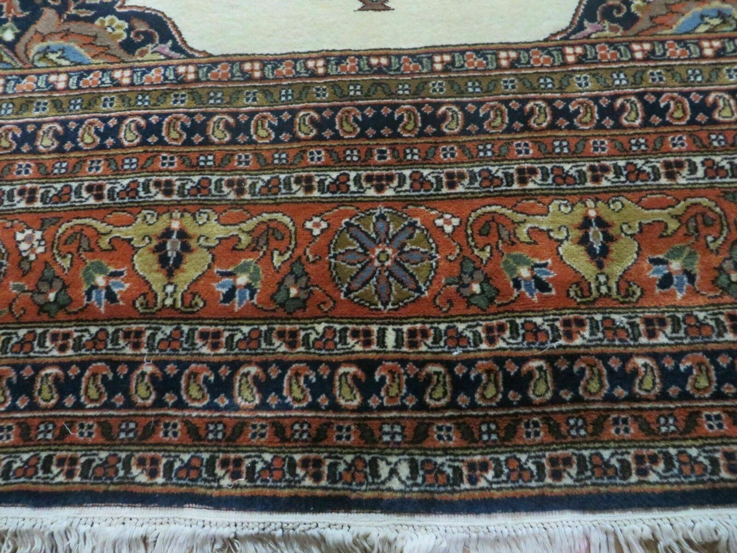 Indo Persian Rug 9x12, Semi Open Field Medallion, Ivory Tomato Red Navy Blue, Hand Knotted Indian Oriental Wool Carpet 9 x 12 ft, Room Sized - Nuvé