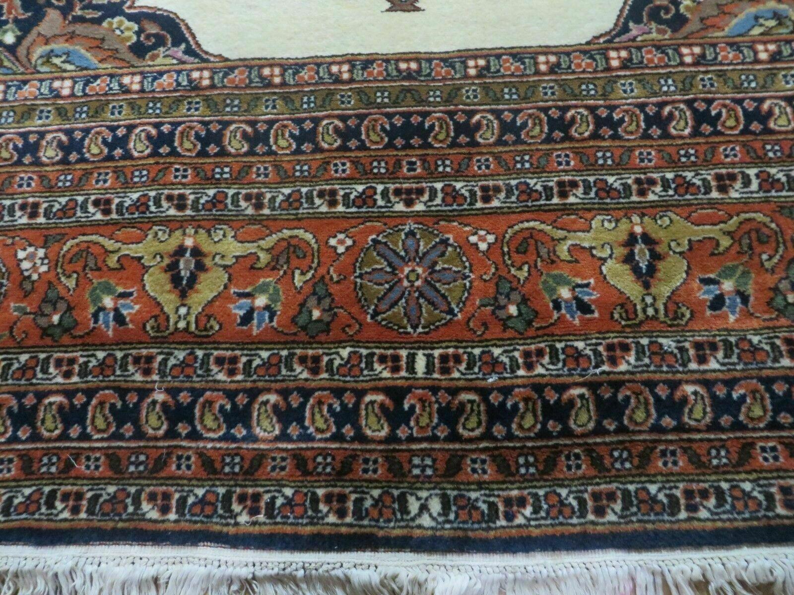 Indo Persian Rug 9x12, Semi Open Field Medallion, Ivory Tomato Red Navy Blue, Hand Knotted Indian Oriental Wool Carpet 9 x 12 ft, Room Sized - Nuvé