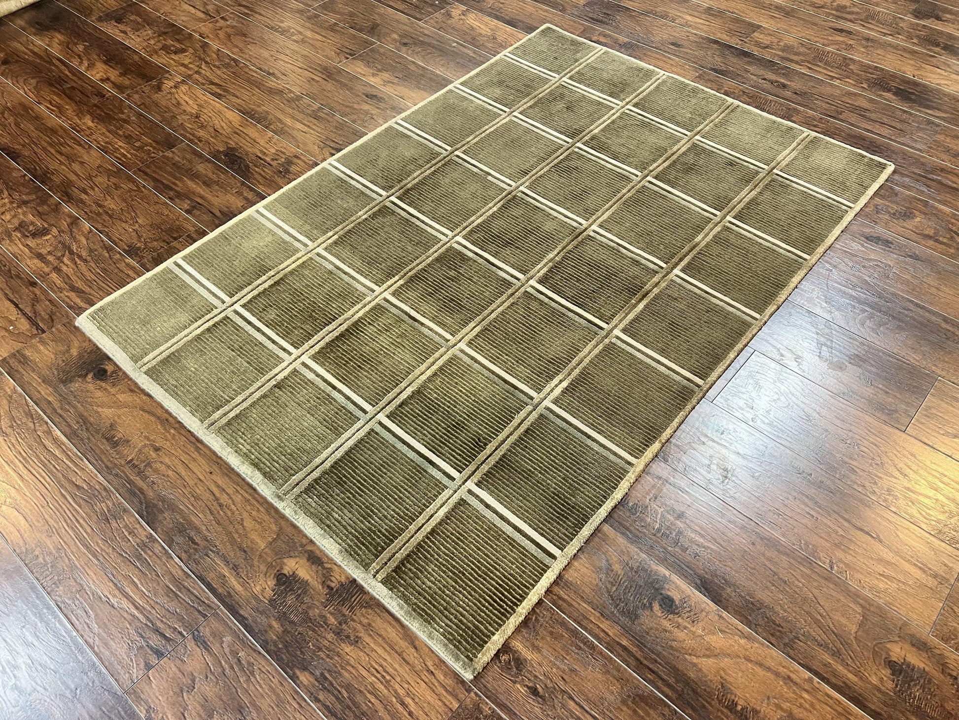 Tibetan Rug 4x6, Green Wool Handmade Area Rug 4 x 6, Panel Design, Modern Contemporary - Nuvé