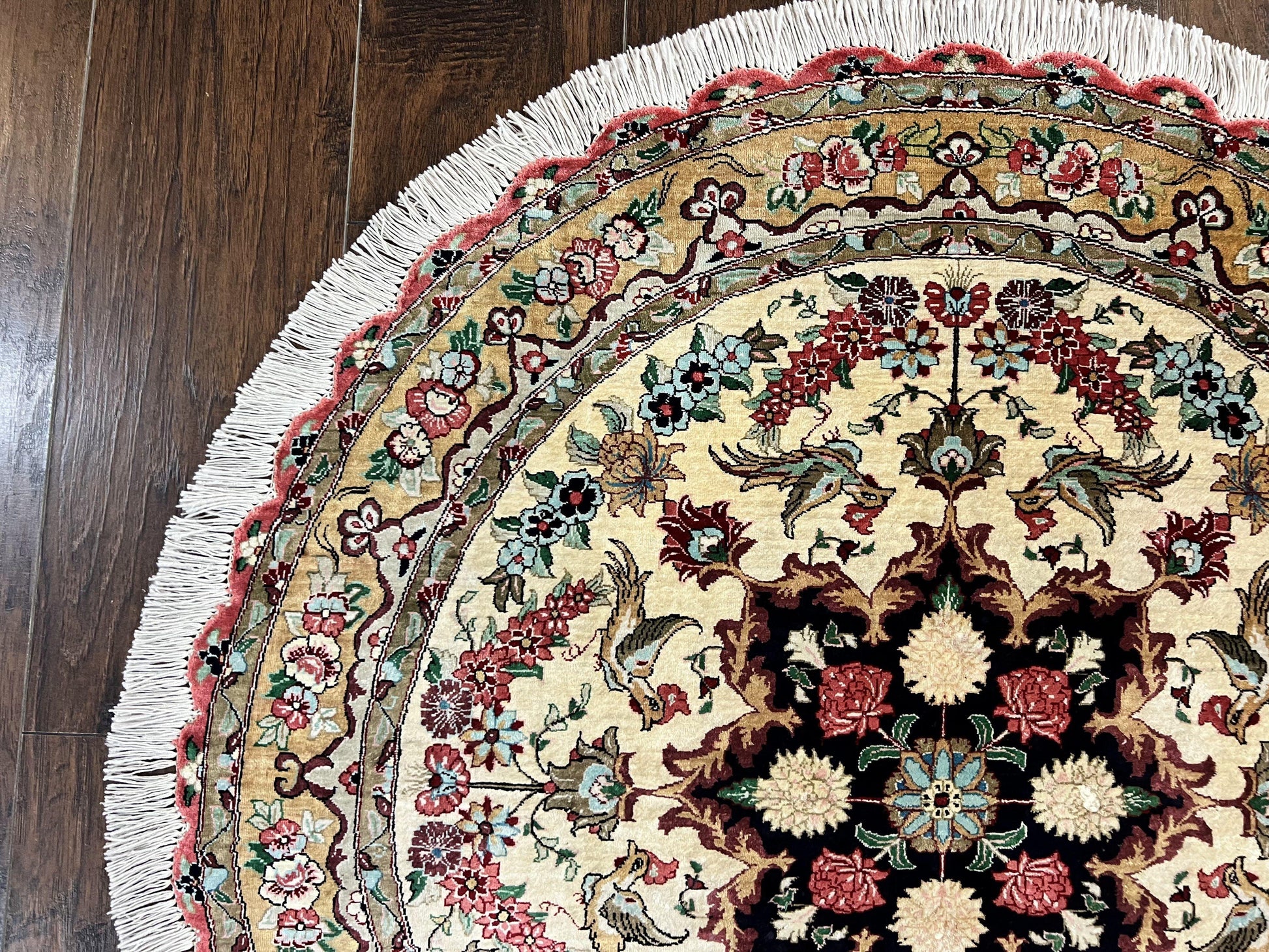 Silk Persian Tabriz Round Rug 3x3 ft, Very Fine Hand Knotted Carpet 380 KPSI, Cream & Gold, Bird Pictorials, Floral, Rare - Nuvé