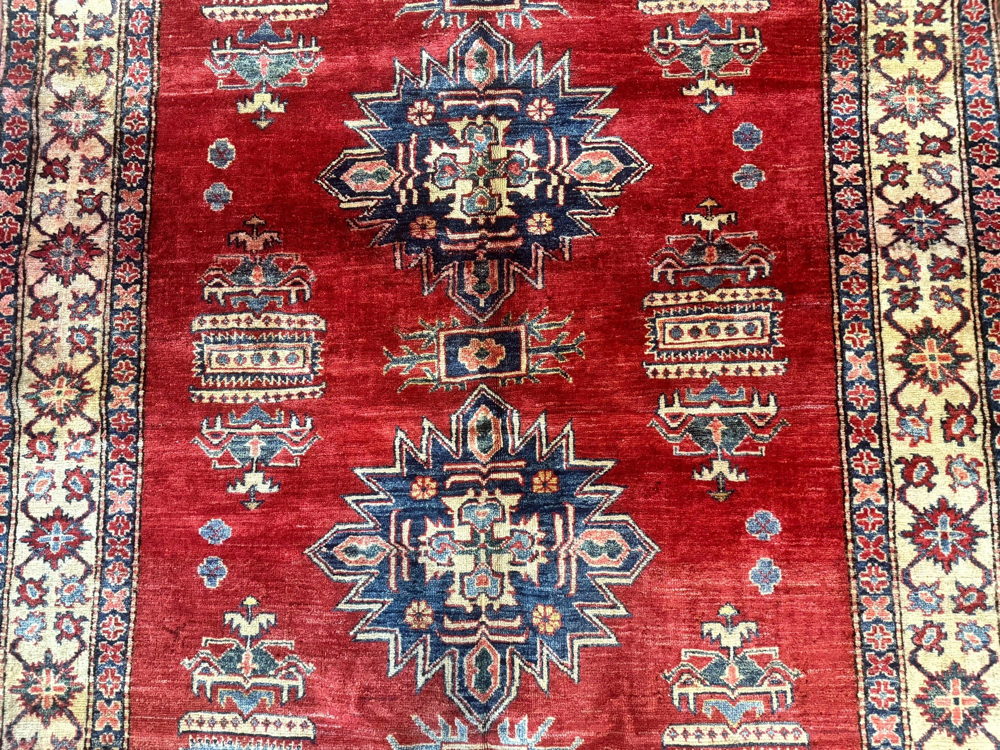 Square Turkish Rug 6x6, Azerbaijani Azeri Turkish Armenian Rug, Red Tan Blue, Geometric, Wool Carpet - Nuvé