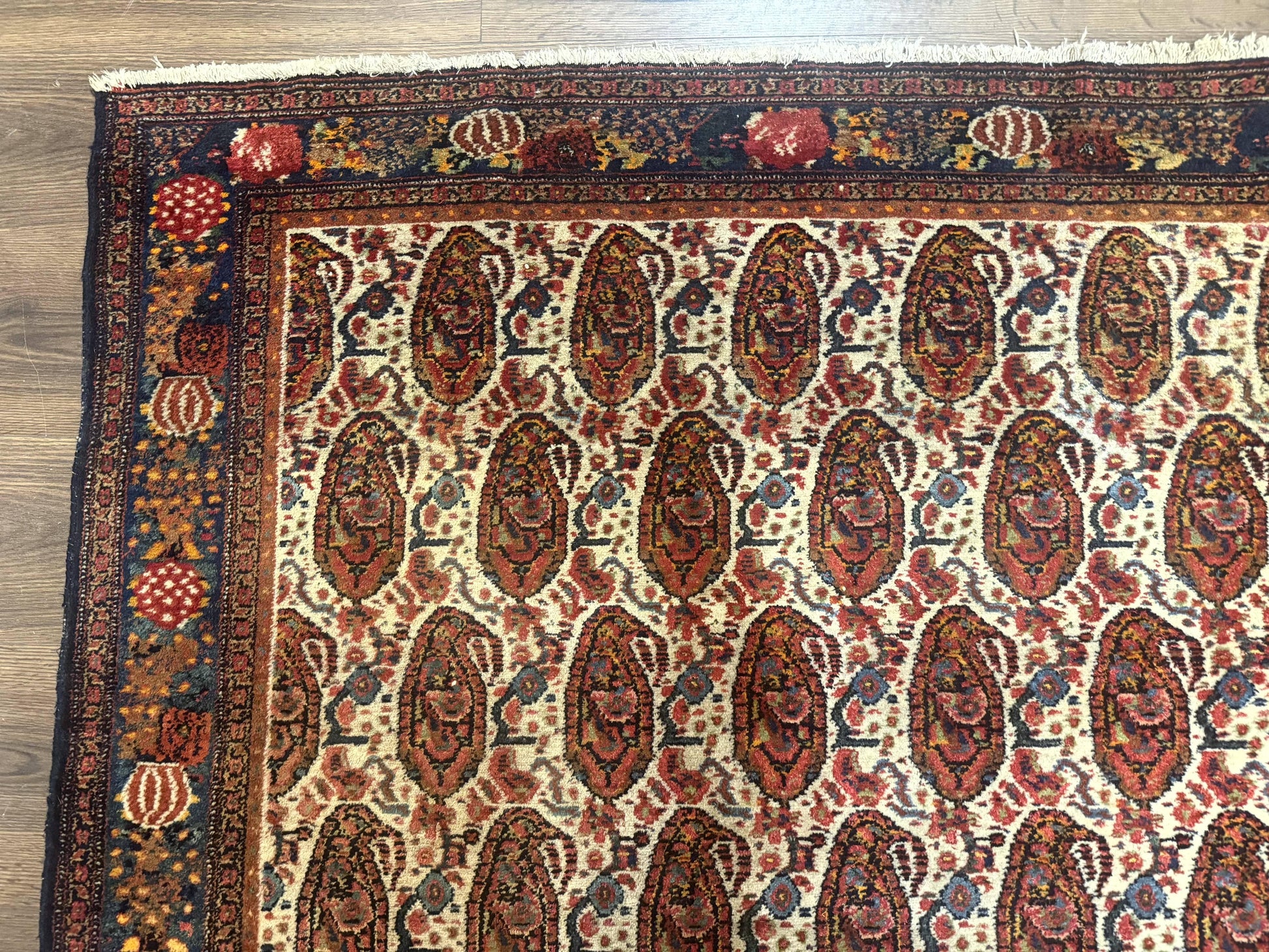 Antique Persian Kurdish Senneh Rug 4.6 x 6.5, Repeated Paisely Boteh Design, Handmade - Nuvé