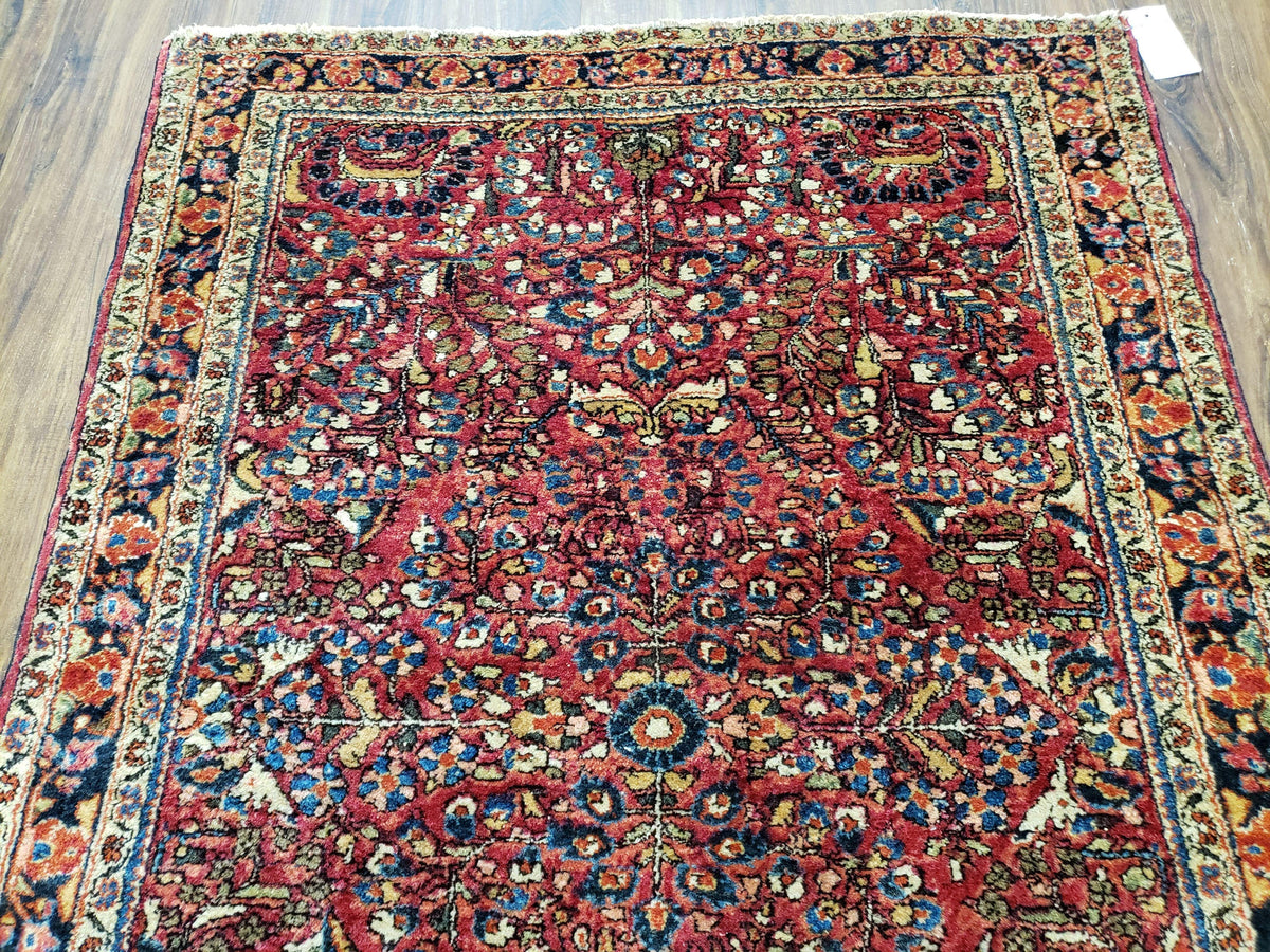 Antique Persian Sarouk Rug, Red, Allover Floral Pattern, Hand-Knotted, Wool, 3'4" x 4'10"