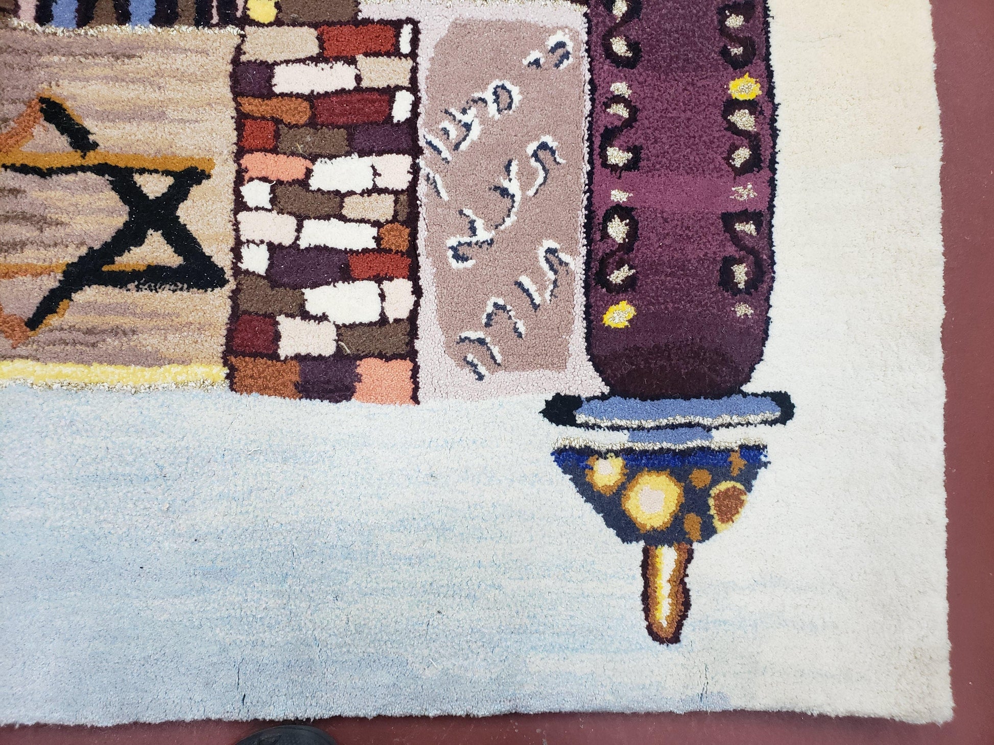 Vintage Judaica Pictorial Rug 3x5, Wool Hand-Tufted Israeli Signed Rug, Jerusalem Rug, Star of David Torah Scroll Verses, Chanuka Gift - Nuvé