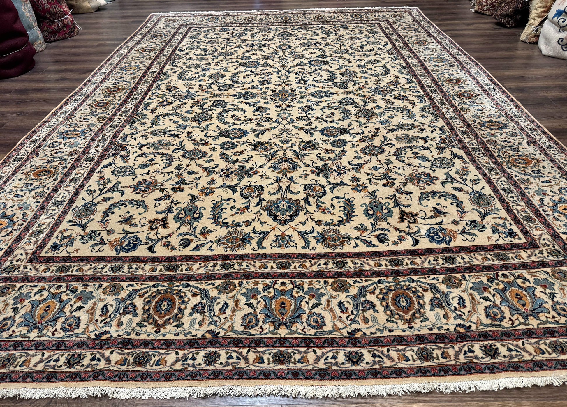 Persian Kashan Rug 10x14, Bone - Beige and Blue, Allover Pattern, Traditional Persian Carpet, Fine 260 KPSI - Nuvé