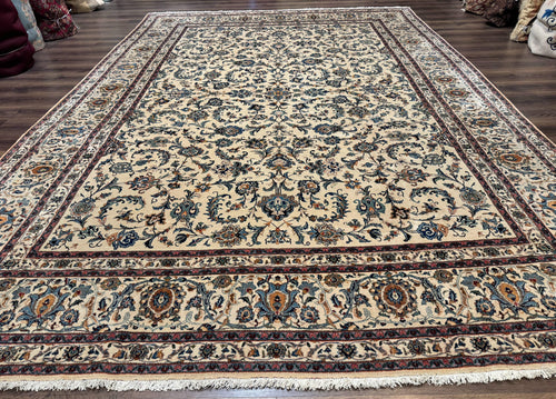 Persian Kashan Rug 10x14, Bone - Beige and Blue, Allover Pattern, Traditional Persian Carpet, Fine 260 KPSI - Nuvé