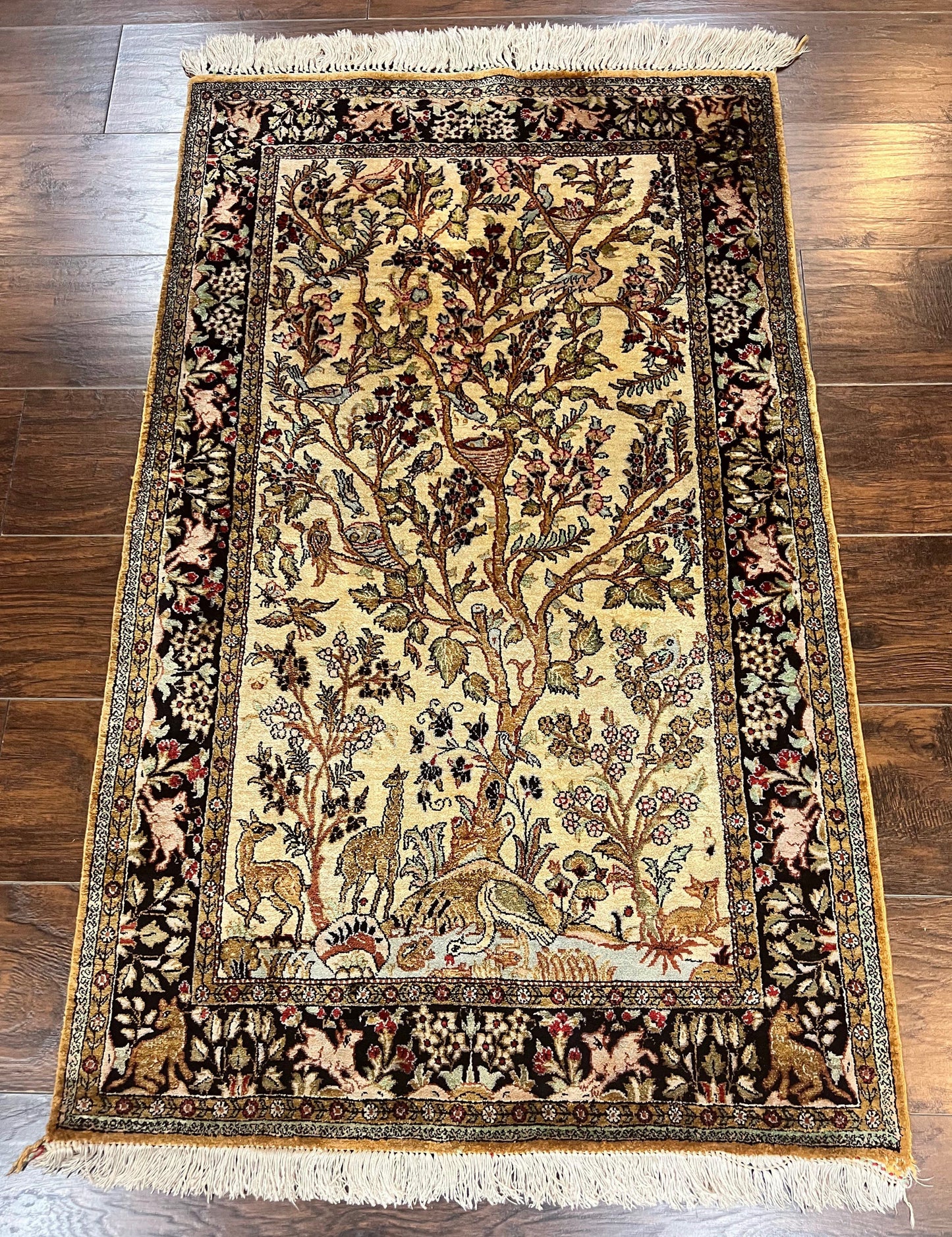 Silk Tree of Life Persian Qum Rug 3x4, Hand Knotted Vintage Carpet, Cream & Black, Very Fine Oriental Rug, Animal Pictorials, Birds - Nuvé