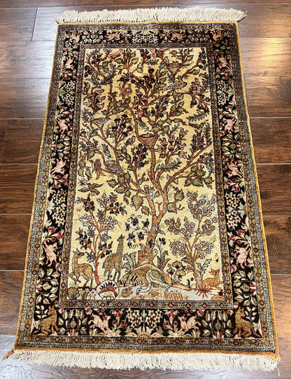 Silk Tree of Life Persian Qum Rug 3x4, Hand Knotted Vintage Carpet, Cream & Black, Very Fine Oriental Rug, Animal Pictorials, Birds - Nuvé