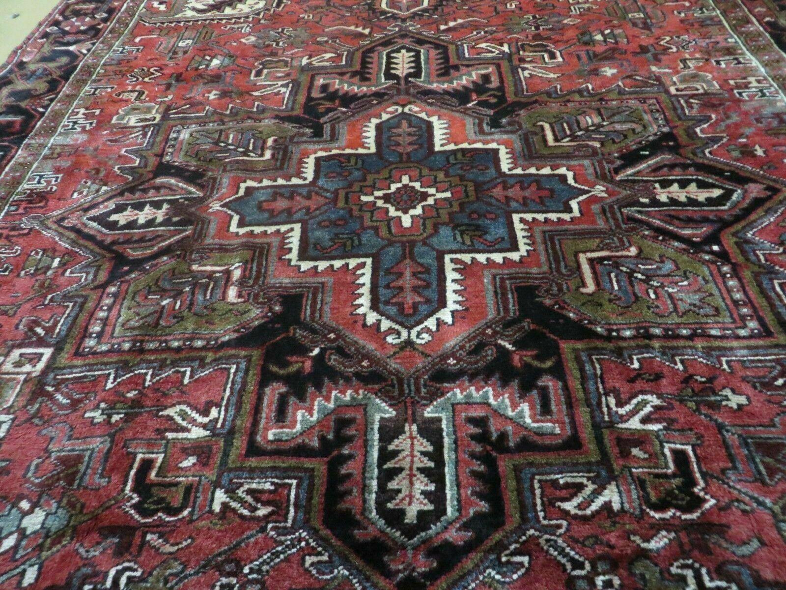 Persian Heriz Rug 8x12 Semi Antique Heriz Carpet, Room Sized Persian Carpet, Geometric Medallion, Wool, Hand Knotted, Red Ivory Dark Blue - Nuvé