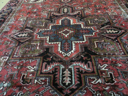 Persian Heriz Rug 8x12 Semi Antique Heriz Carpet, Room Sized Persian Carpet, Geometric Medallion, Wool, Hand Knotted, Red Ivory Dark Blue - Nuvé