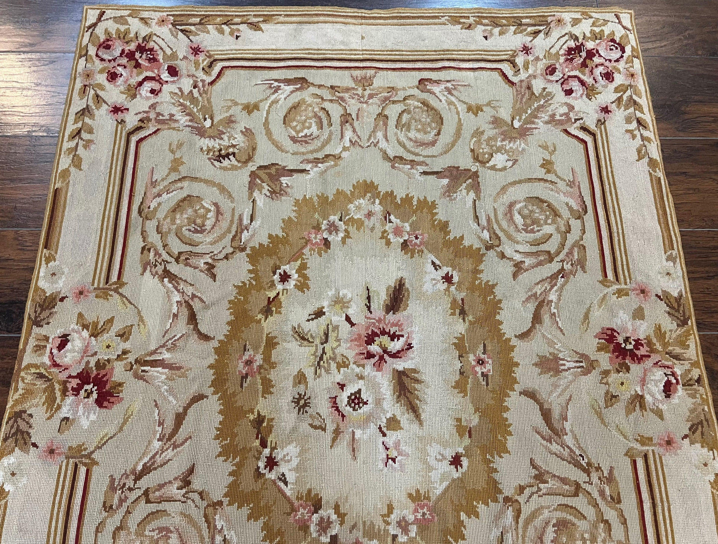 Aubusson Needlepoint Rug 4x5 ft, Beige and Tan, Aubusson Savonnerie Vintage Carpet, Handwoven Handmade Wool Rug, European Design Floral Rose - Nuvé