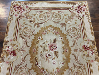Aubusson Needlepoint Rug 4x5 ft, Beige and Tan, Aubusson Savonnerie Vintage Carpet, Handwoven Handmade Wool Rug, European Design Floral Rose - Nuvé