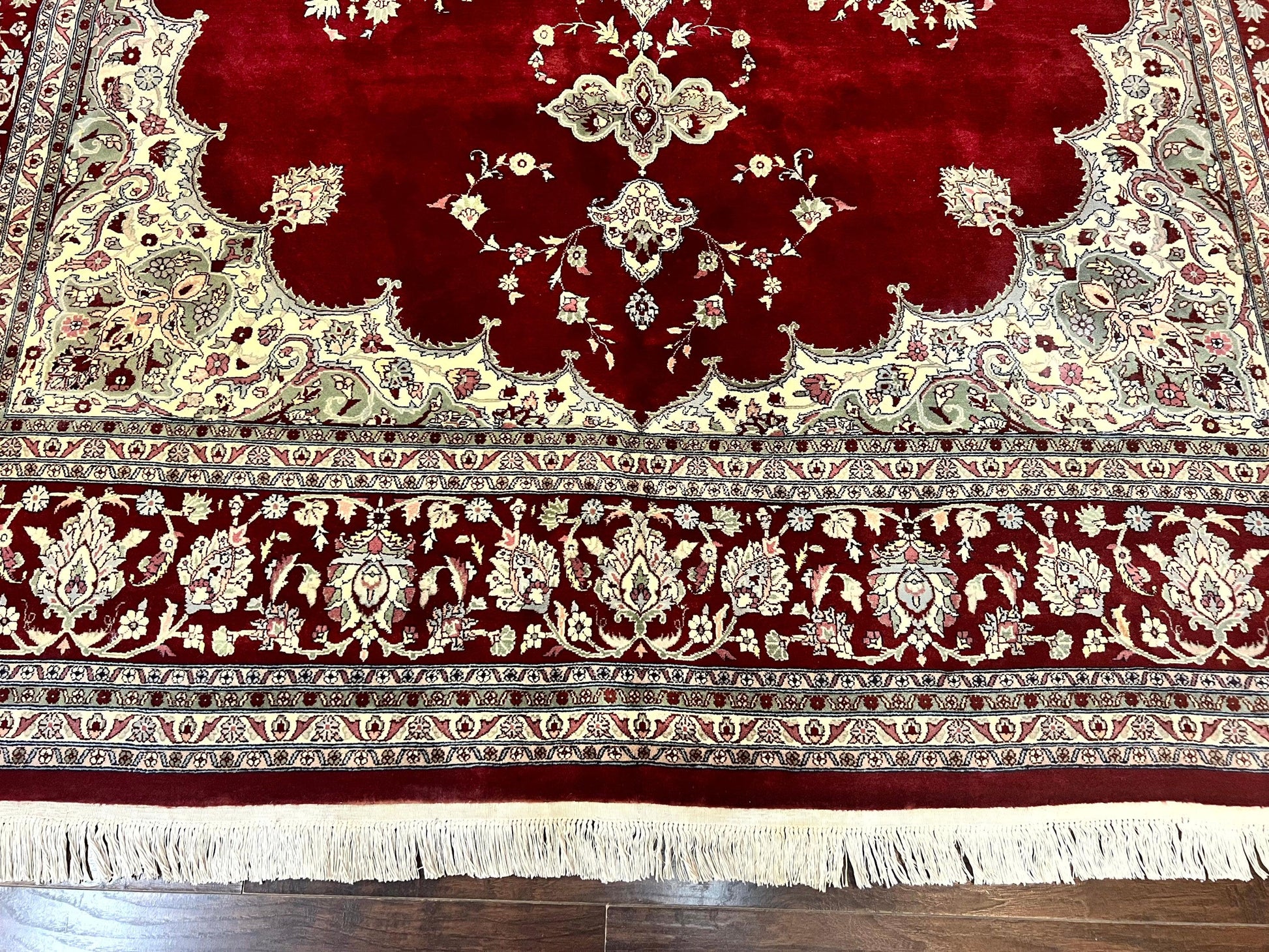 Pak Persian Rug 9x12, Handmade Vintage Traditional Wool Carpet, Floral Medallion, Dark Red Ivory/Cream, Fine 250 KPSI - Nuvé