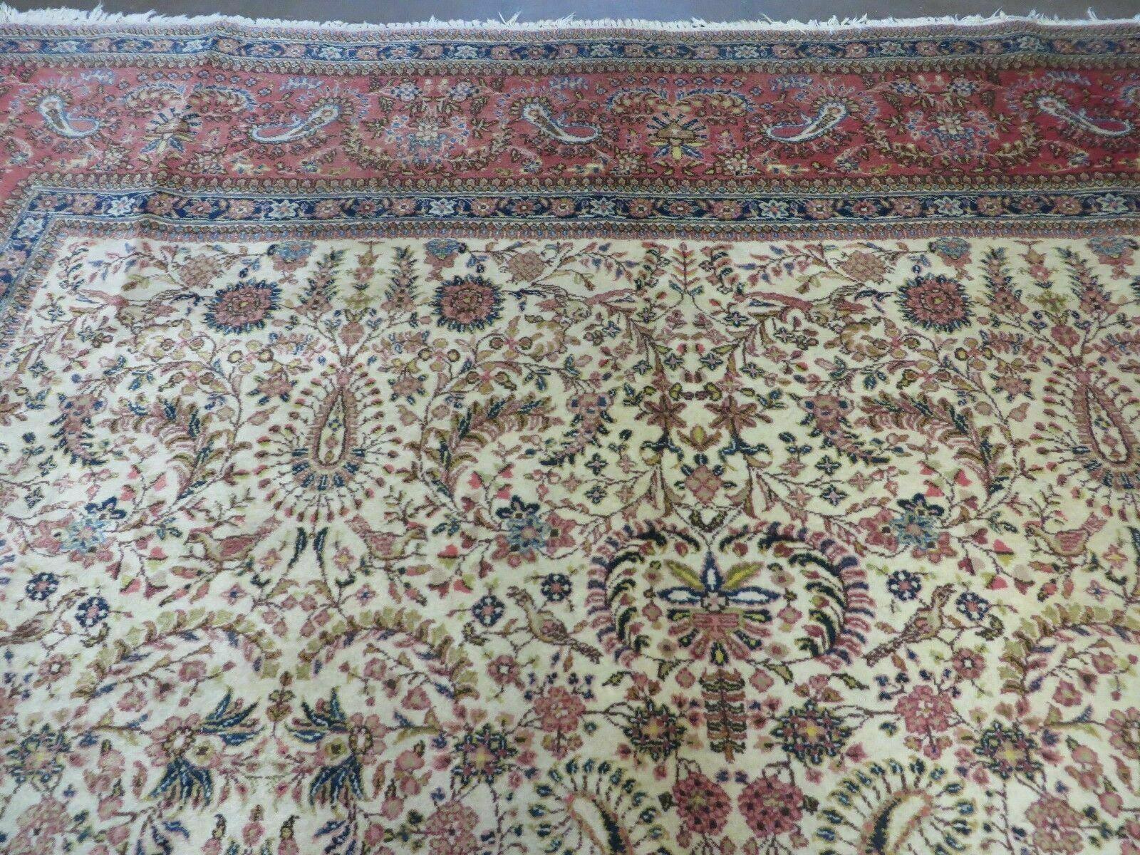Persian Tabriz Rug 8x10, Antique Authentic Wool Oriental Carpet 8 x 10 ft, Bird Motifs Floral Boteh Paisleys, Cream Red Blue Vintage Handmade Rug - Nuvé