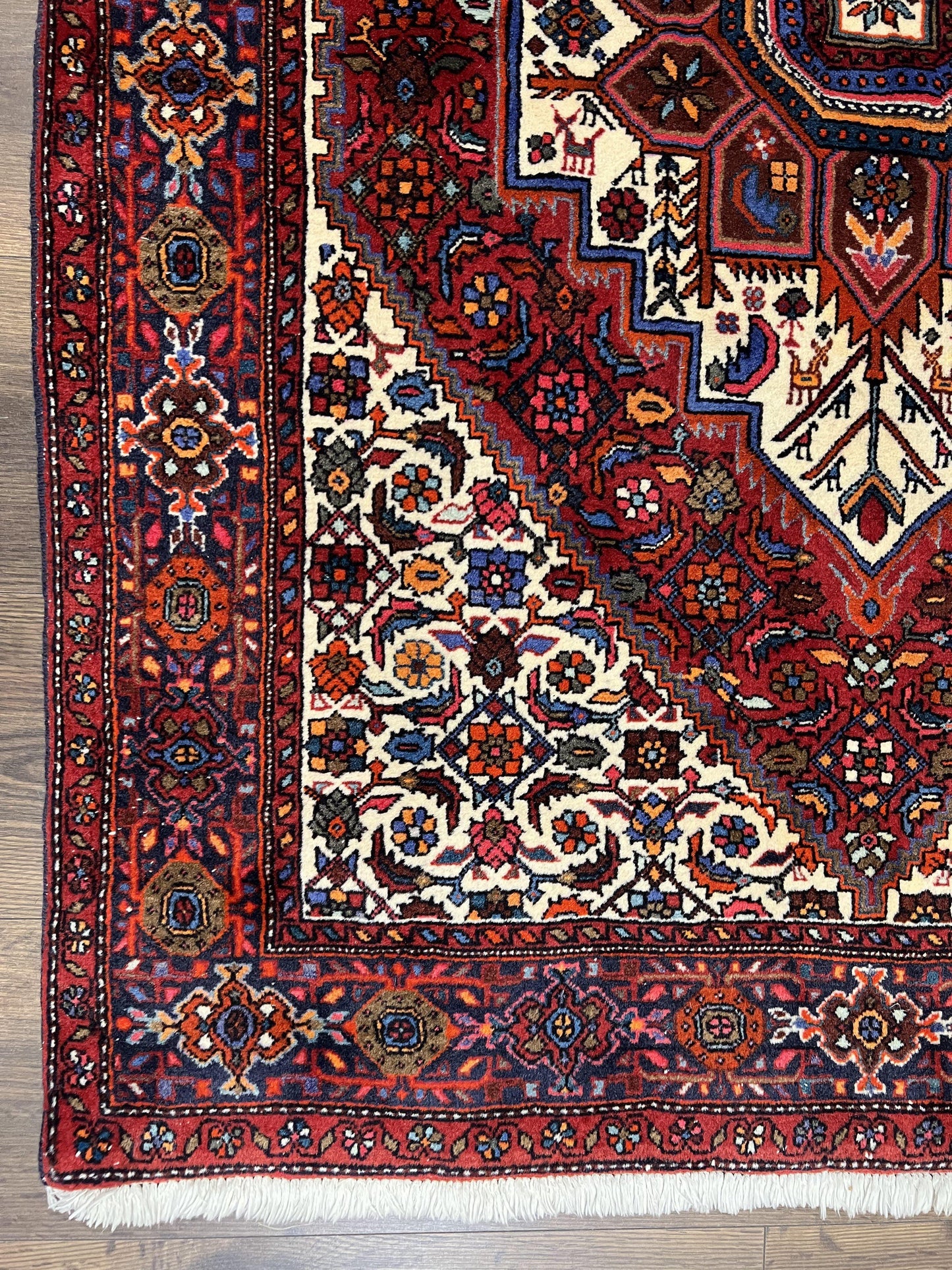 Fine Persian Bidjar Rug 3x5, Geometric Medallion Oriental Bijar Carpet 3 x 5 ft, Ruby Red and Cream, Hand Knotted Wool Rug, Semi Antique Tribal Rug, Nice - Nuvé