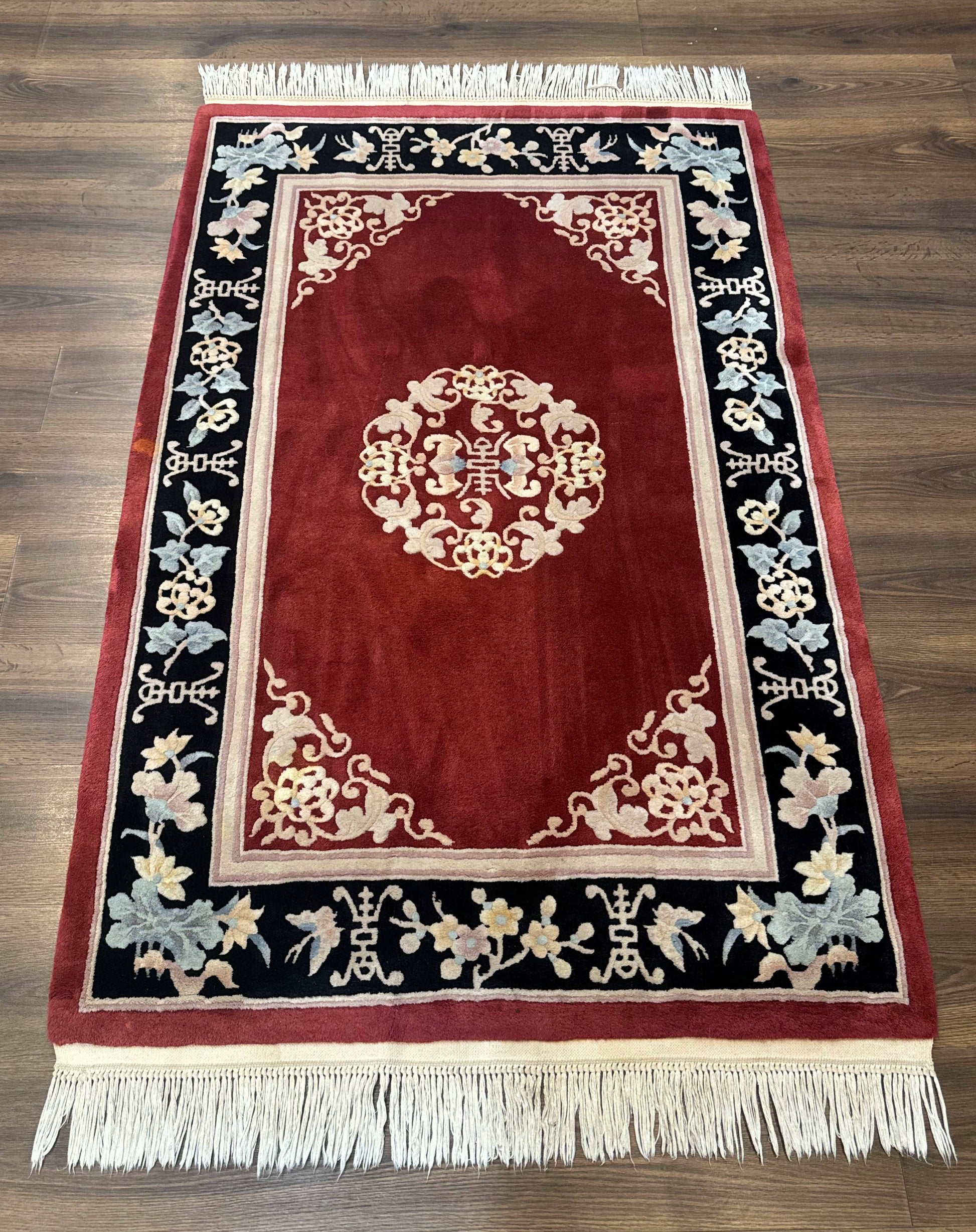 Chinese Wool Rug 4x6, Maroon and Black, Butterflies, Chinese Oriental Carpet, 90 Line Rug - Nuvé
