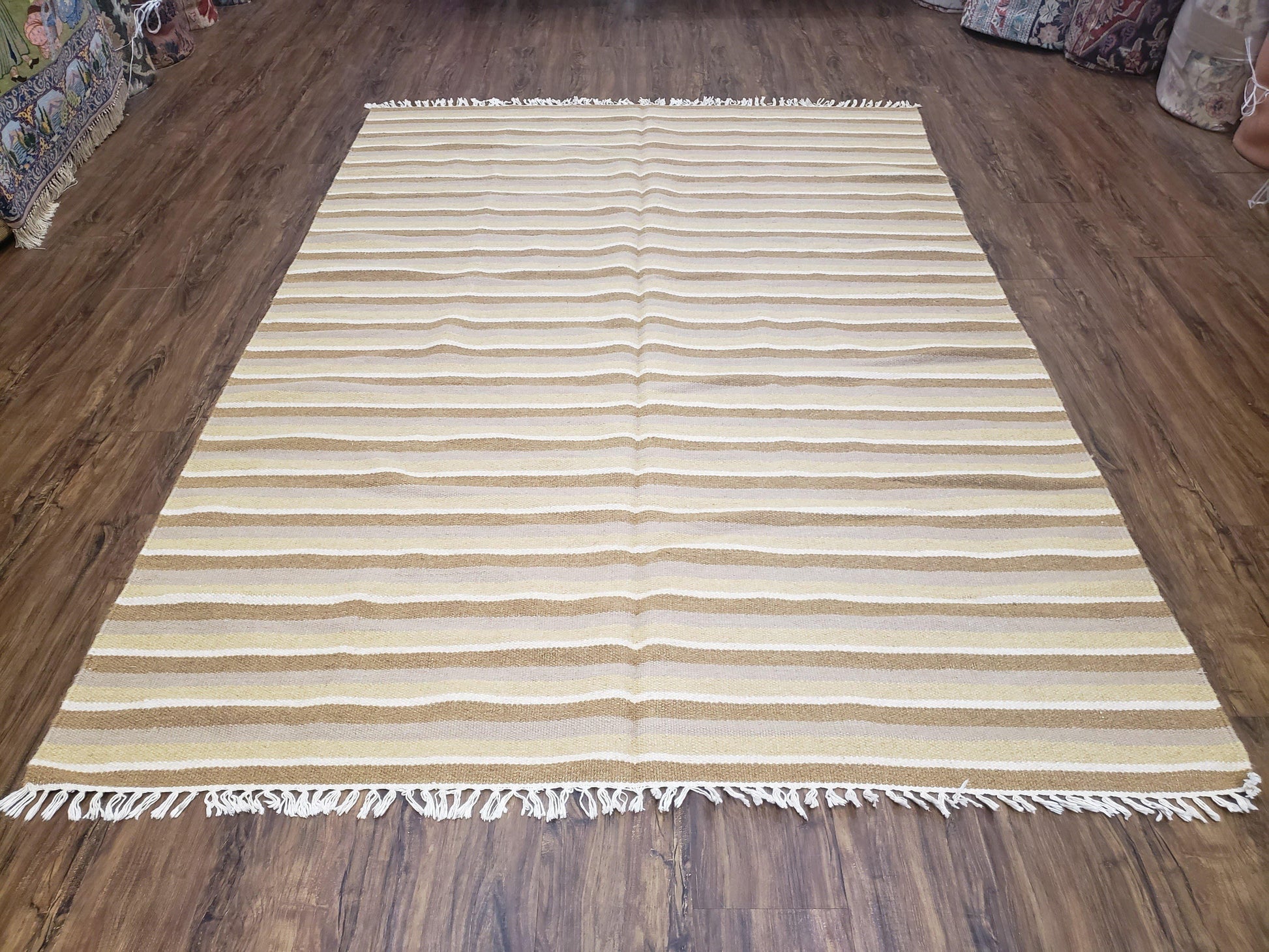 New Indian Striped Blanket, Multicolor Earthern Tones Kilim Rug, Wool Handmade South American Style Blanket, Queen Sized Bedspread 5x8 - 6x8 - Nuvé
