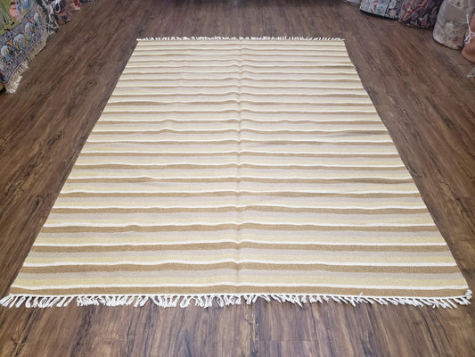 New Indian Striped Blanket, Multicolor Earthern Tones Kilim Rug, Wool Handmade South American Style Blanket, Queen Sized Bedspread 5x8 - 6x8 - Nuvé