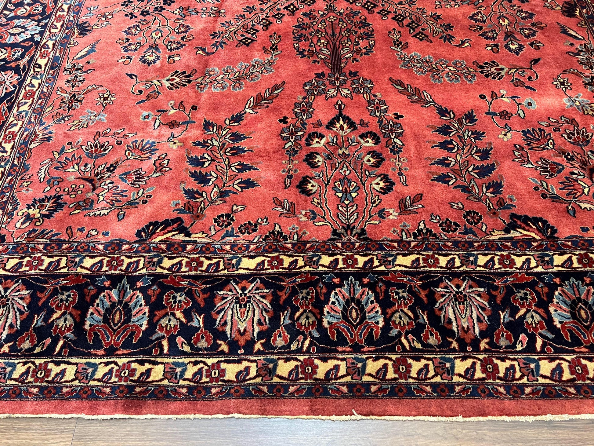 Indo Sarouk Rug 10x14, Vintage Indian Persian Area Rug 10 x 14, Wool Hand-Knotted Oriental Carpet, Red Floral Allover Large Rug, Beautiful - Nuvé