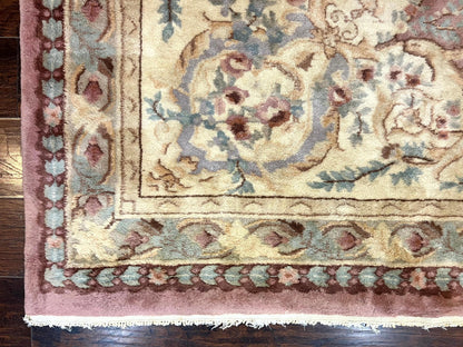 Indo Chinese Aubusson Wool Rug 10x14, Pink and Cream, Handmade Vintage Wool Carpet, Elegant European Design - Nuvé