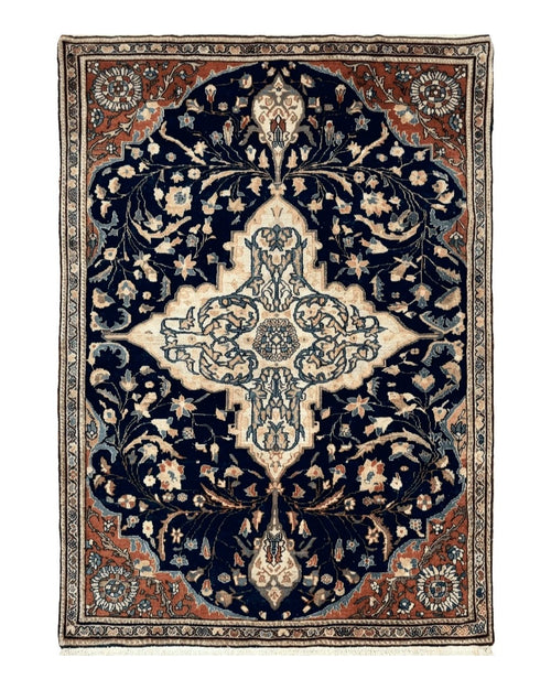 Antique Persian Rug 3.5 x 5, Sarouk Farahan Rug, High Quality 1920s Fine Oriental Carpet 3 x 5 ft, Large Medallion, Floral, Navy Blue Red, Hand Knotted Wool Rug