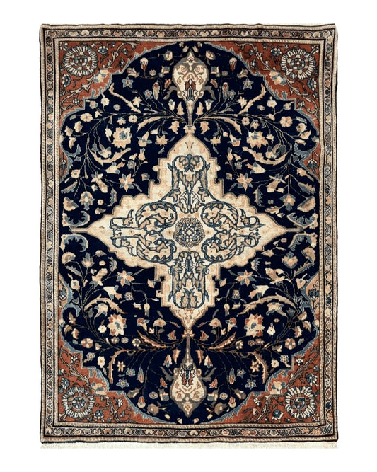 Antique Persian Rug 3.5 x 5, Sarouk Farahan Rug, High Quality 1920s Fine Oriental Carpet 3 x 5 ft, Large Medallion, Floral, Navy Blue Red, Hand Knotted Wool Rug