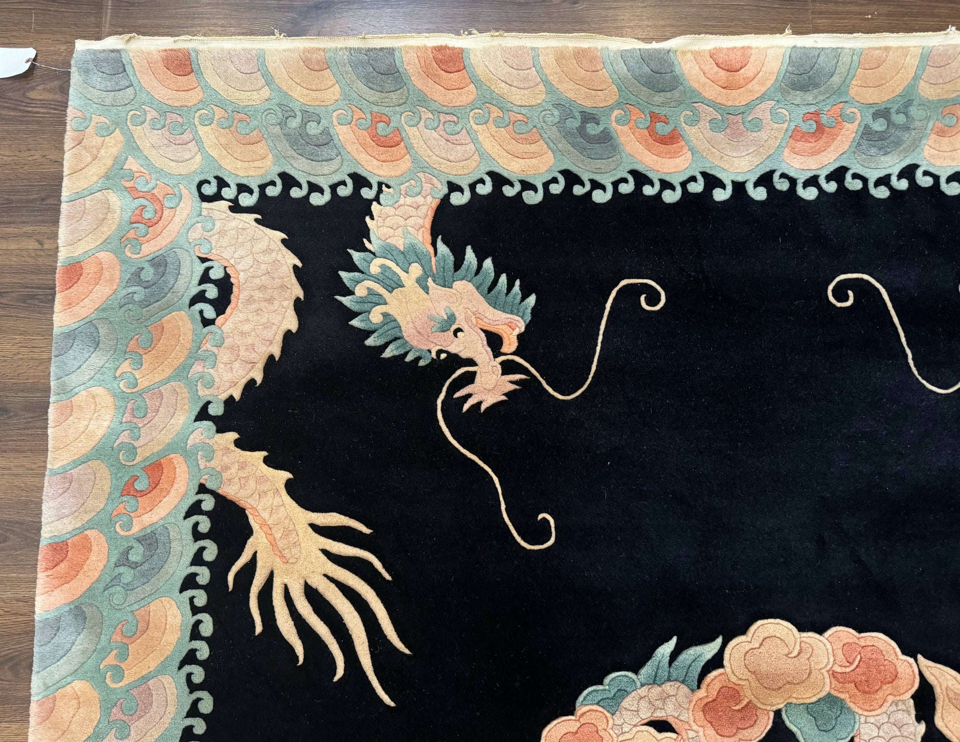 Black Chinese Wool Rug 8x10 with Dragons, Rainbow Borders, Rare - Nuvé