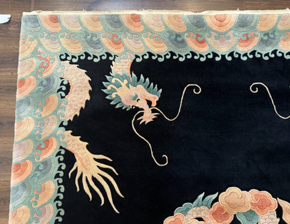 Black Chinese Wool Rug 8x10 with Dragons, Rainbow Borders, Rare - Nuvé