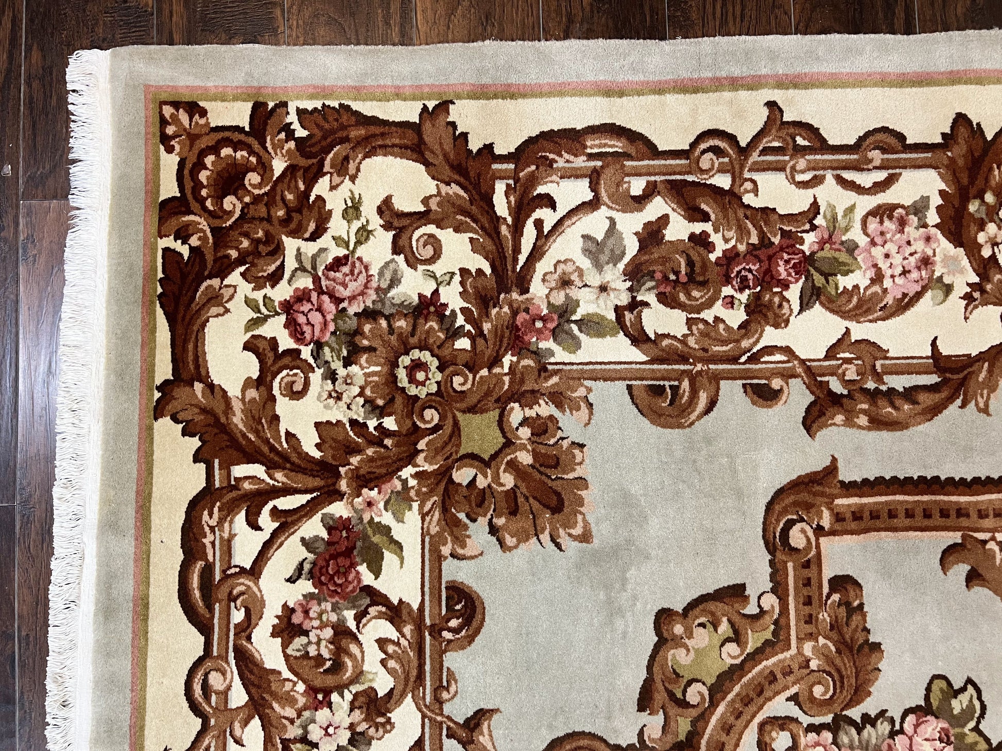Aubusson Rug 10x13, Cream and Light Mint Green Hand Knotted Handmade French Savonnerie European Carpet, Wool Pile, Large Room Sized Vintage - Nuvé