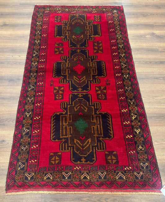 Red Afghan Balouch Rug 4x7, Triple Medallions, Handmade, New - Nuvé