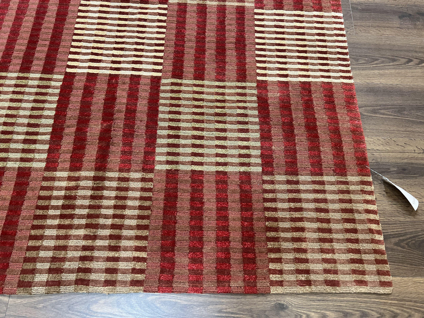 Modern Tibetan Rug 8x10, Hand Knotted Contemporary Nepali Carpet 8 x 10, Checkerboard Design, Red Cream Light Brown, Very Fine Wool & Silk - Nuvé