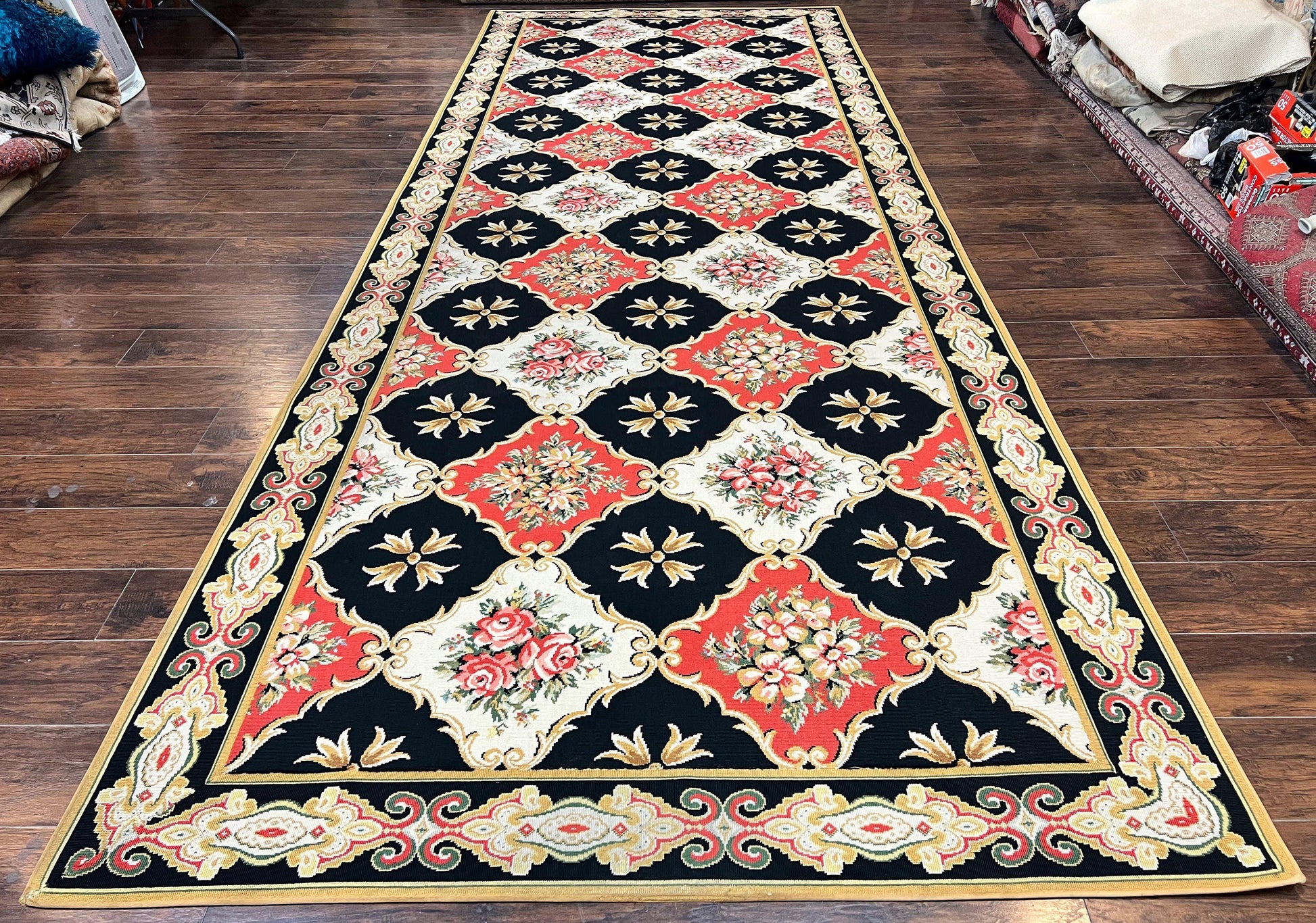Wide Runner Rug 6x17 ft, Custom Made Vintage Stark Carpet 6 x 17 ft, Red Black Ivory, Corridor Hallway Rug, European Panel Design, Floral - Nuvé
