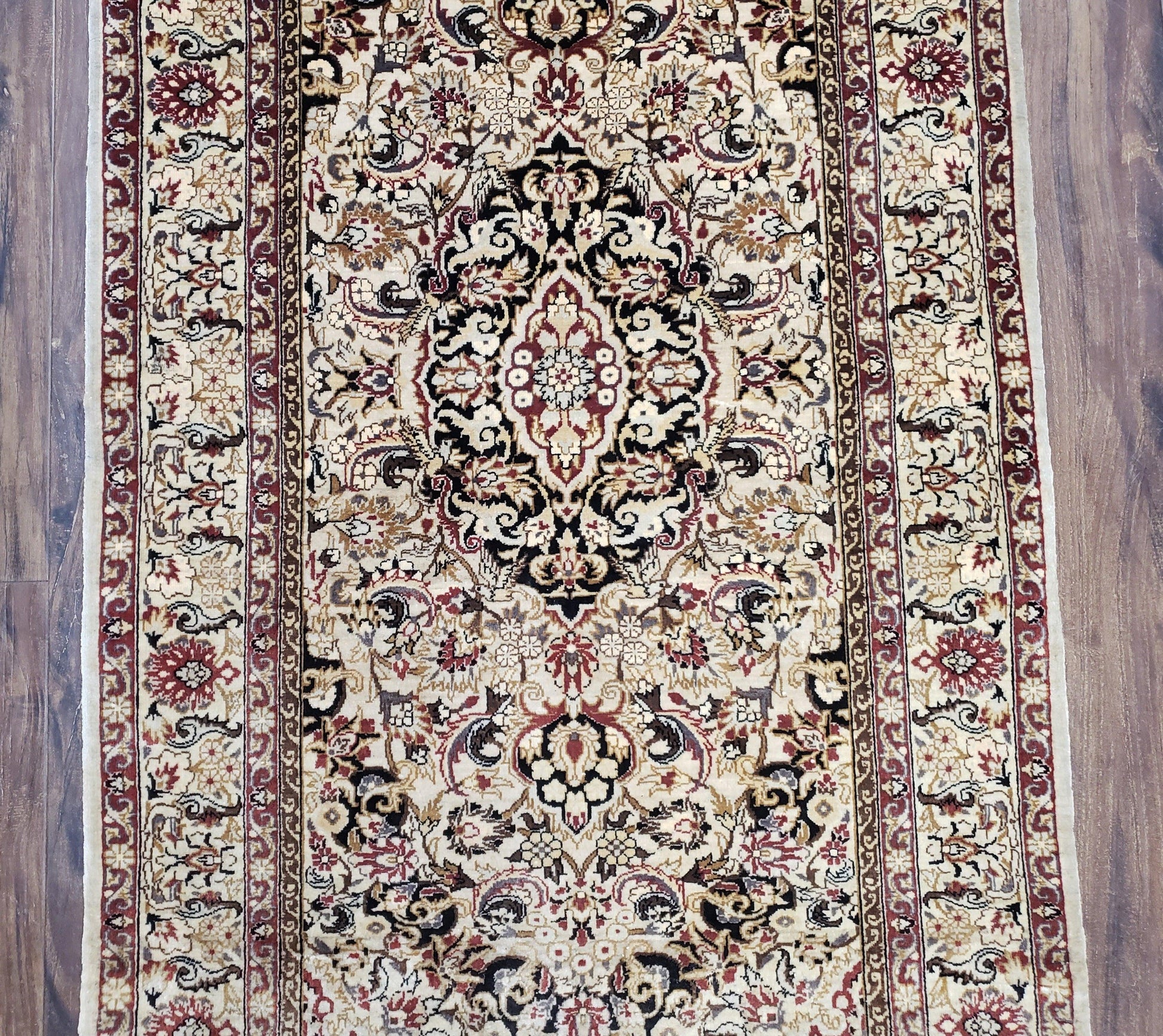 Silk Oriental Rug 1' 7" x 3', Very Fine Silk Carpet, Small Silk Rug, Traditional Floral Medallion, Hand-Knotted Cream Beige Vintage Silk Rug - Nuvé
