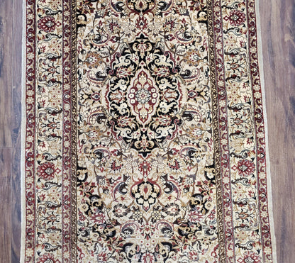 Silk Oriental Rug 1' 7" x 3', Very Fine Silk Carpet, Small Silk Rug, Traditional Floral Medallion, Hand-Knotted Cream Beige Vintage Silk Rug - Nuvé