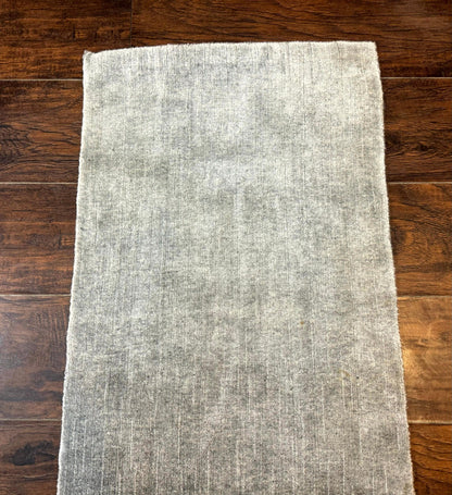 Modern Tibetan Runner Rug 1.9 x 8.6, Wool and Silk Highlights, Gray/Silver, Narrow Runner for Hallway or Kitchen - Nuvé