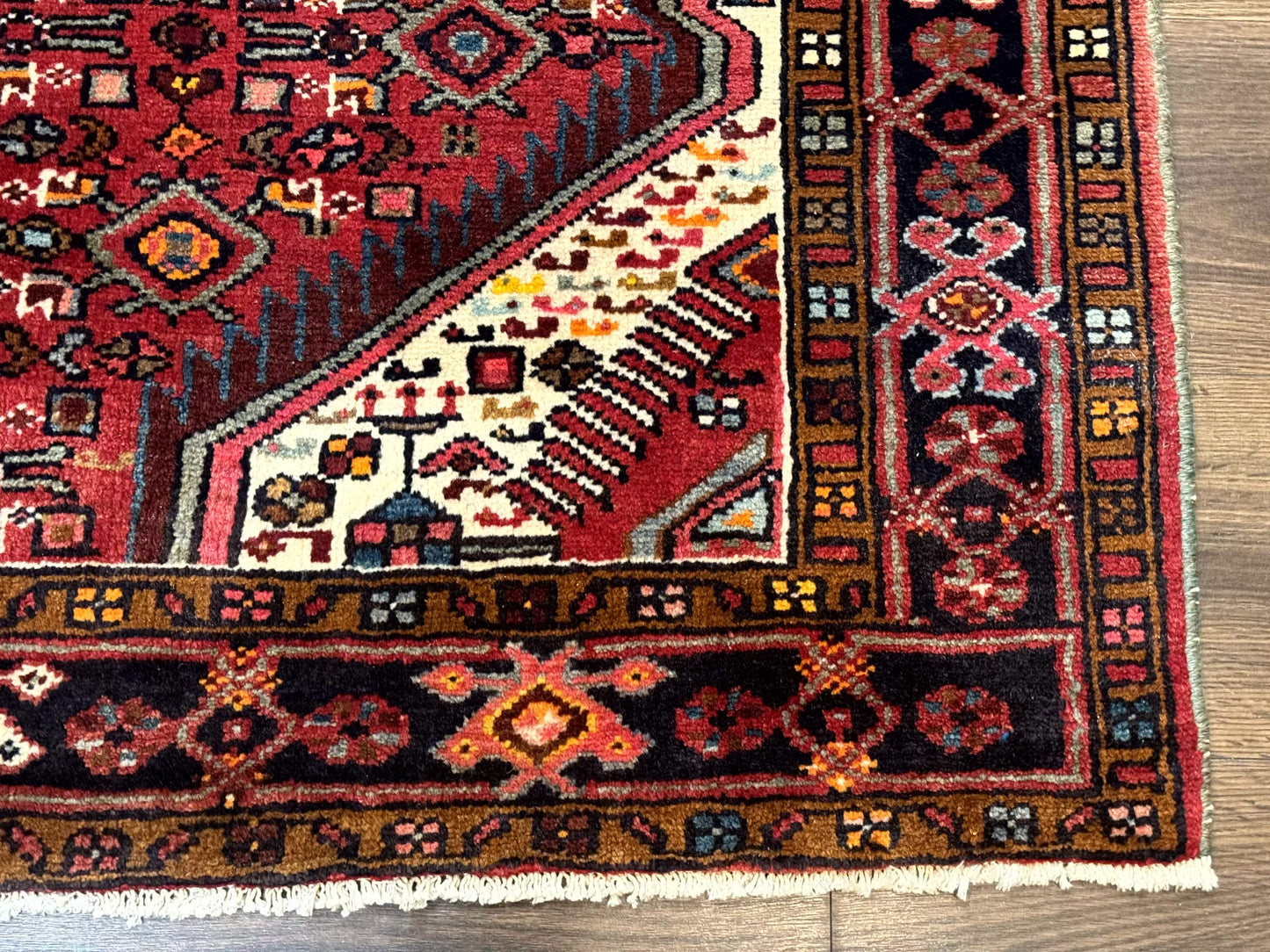 Persian Hamadan Rug 4x7, Tribal Village Malayer Carpet, Red and Ivory, Bohemian Antique - Nuvé