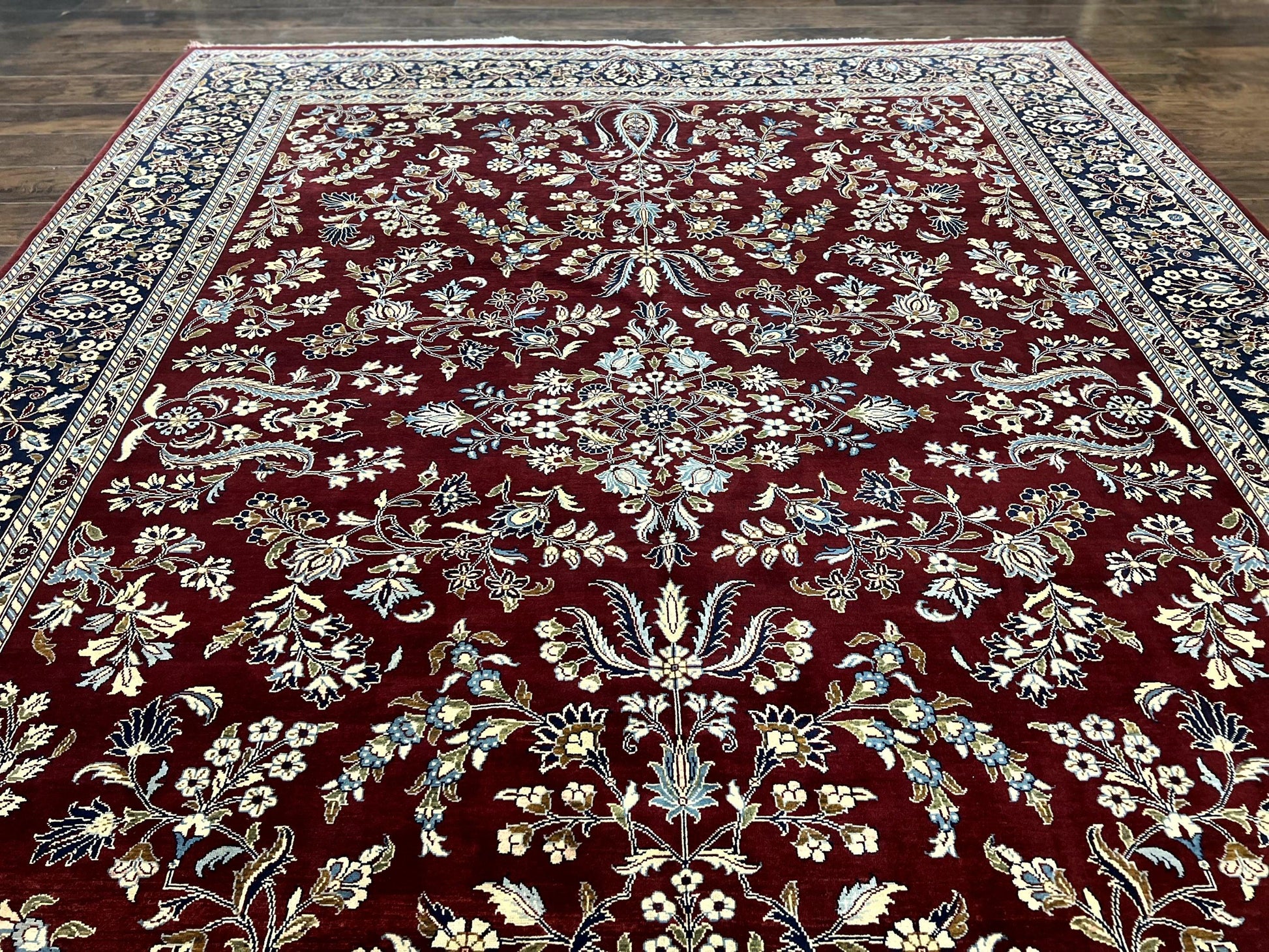 Indo Persian Sarouk Rug 9x12, Floral Allover, Dark Red & Navy Blue, Handmade Vintage Wool Carpet - Nuvé
