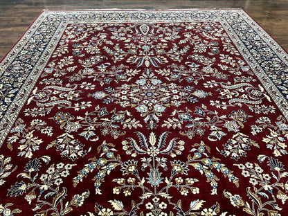 Indo Persian Sarouk Rug 9x12, Floral Allover, Dark Red & Navy Blue, Handmade Vintage Wool Carpet - Nuvé